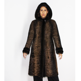 Astrakhan brown coat with hood and brown mink trimming