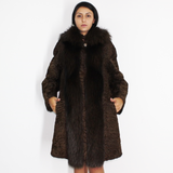 Astrakhan brown coat with hood and brown fox trimming