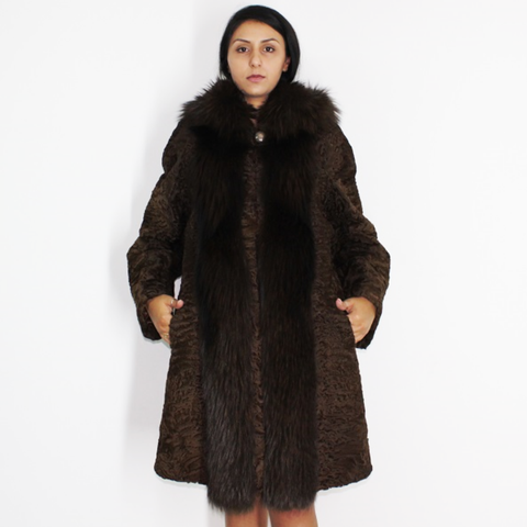 Astrakhan brown coat with hood and brown fox trimming