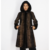 Astrakhan brown coat with hood and brown mink trimming