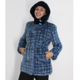 Blue colored mink in big pieces jacket with hood