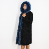 Astrakhan black coat with blue electric colored fox
