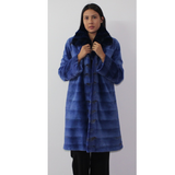 Electric-blue colored shaved mink coat with chinchilla collar