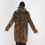 Demi-buff shaved mink pieces ¾ coat with hood