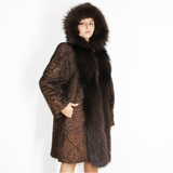 Astrakhan brown coat with hood and brown fox trimming