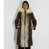 Astrakhan brown coat with hood and crystal fox trimming