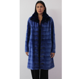 Electric-blue colored shaved mink coat with chinchilla collar