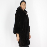 Ranch shaved mink pieces coat with hood and mink trimming