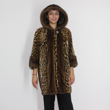 Ocelot coat with hood and mink trimming