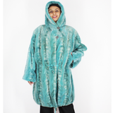 Turquoise shaved mink pieces coat with hood