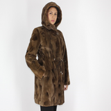 Demi-buff shaved mink pieces ¾ coat with hood