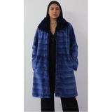 Electric-blue colored shaved mink coat with chinchilla collar