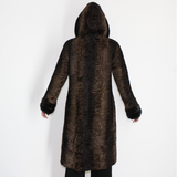 Astrakhan brown coat with hood and brown mink trimming