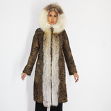 Astrakhan brown coat with hood and crystal fox trimming