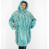 Turquoise shaved mink pieces coat with hood