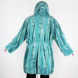 Turquoise shaved mink pieces coat with hood