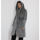 Cold grey shaved mink pat coat with hood