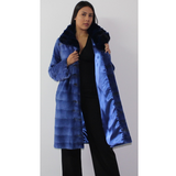 Electric-blue colored shaved mink coat with chinchilla collar