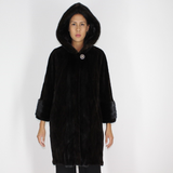 Ranch shaved mink pieces coat with hood and mink trimming