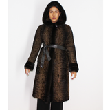 Astrakhan brown coat with hood and brown mink trimming