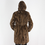 Demi-buff shaved mink pieces ¾ coat with hood