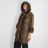 Ocelot coat with hood and mink trimming