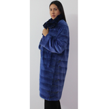 Electric-blue colored shaved mink coat with chinchilla collar