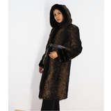 Astrakhan brown coat with hood and brown mink trimming