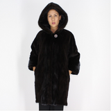 Ranch shaved mink pieces coat with hood and mink trimming