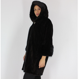 Ranch shaved mink pieces coat with hood and mink trimming