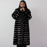 Black with stripes of white shaved mink coat