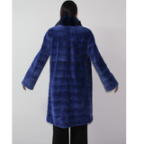 Electric-blue colored shaved mink coat with chinchilla collar