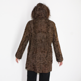 Astrakhan brown jacket with crystal fox trimming and hood