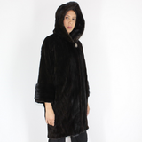Ranch shaved mink pieces coat with hood and mink trimming