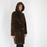 Demi-buff shaved mink pieces ¾ coat with hood