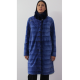 Electric-blue colored shaved mink coat with chinchilla collar