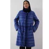 Electric-blue colored shaved mink coat with chinchilla collar