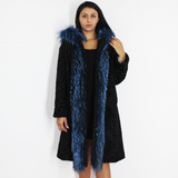 Astrakhan black coat with blue electric colored fox