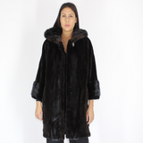 Ranch shaved mink pieces coat with hood and mink trimming