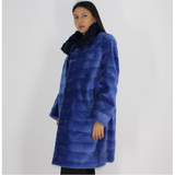 Electric-blue colored shaved mink coat with chinchilla collar