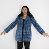 Blue colored mink in big pieces jacket with hood