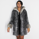 Astrakhan grey ¾ coat with sapphire mink trimming