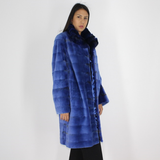 Electric-blue colored shaved mink coat with chinchilla collar