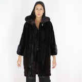 Ranch shaved mink pieces coat with hood and mink trimming