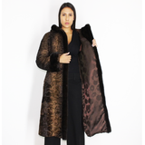 Astrakhan brown coat with hood and brown mink trimming