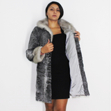 Astrakhan grey ¾ coat with sapphire mink trimming