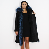 Astrakhan black coat with blue electric colored fox