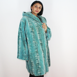 Turquoise shaved mink pieces coat with hood