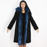 Astrakhan black coat with blue electric colored fox