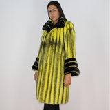 Black-cross yellow colored mink coat with black mink trimming